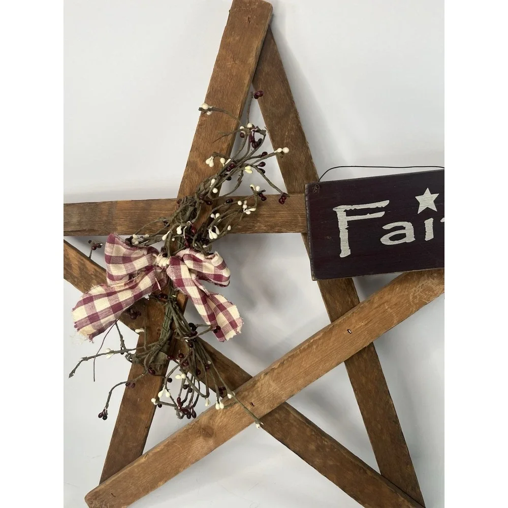 Primitive Wooden Faith Star Wall Hanging Rustic Country Farmhouse Wreath